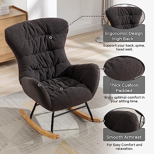 NIOIIKIT Nursery Rocking Chair, Teddy Upholstered Glider Rocker, Rocking Accent Chair with High Backrest, Comfy Rocking Accent Armchair for Living Room, Bedroom, Offices (Dark Grey Teddy)