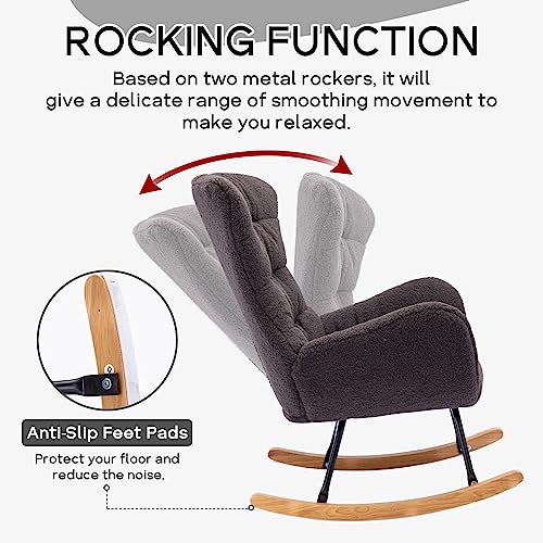 NIOIIKIT Nursery Rocking Chair, Teddy Upholstered Glider Rocker, Rocking Accent Chair with High Backrest, Comfy Rocking Accent Armchair for Living Room, Bedroom, Offices (Dark Grey Teddy)