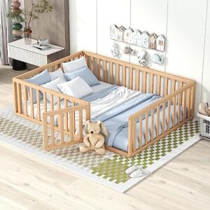 harper & bright designs full size floor bed with safety guardrails and door, wood toddler floor bed frame for girls/boys, full montessori floor bed for kids,natural