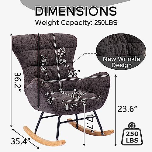 NIOIIKIT Nursery Rocking Chair, Teddy Upholstered Glider Rocker, Rocking Accent Chair with High Backrest, Comfy Rocking Accent Armchair for Living Room, Bedroom, Offices (Dark Grey Teddy)