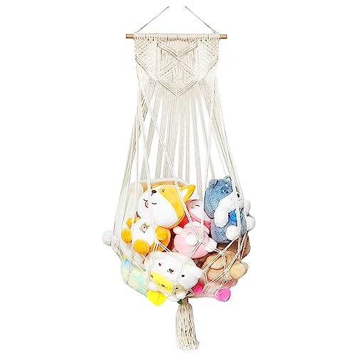 Foxtell Stuffed Animal Macrame Hammock or Net Wall Hanging Plushy Toy Organizer for Nursery Room, Toy Hammock for Stuffed Animals Boho Hanging Net for Kids