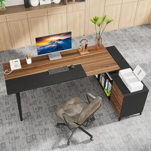 tribesigns 70.8" executive desk with 43" drawers file cabinet, large l-shaped computer office desk with printer stand, business furniture workstation for home office