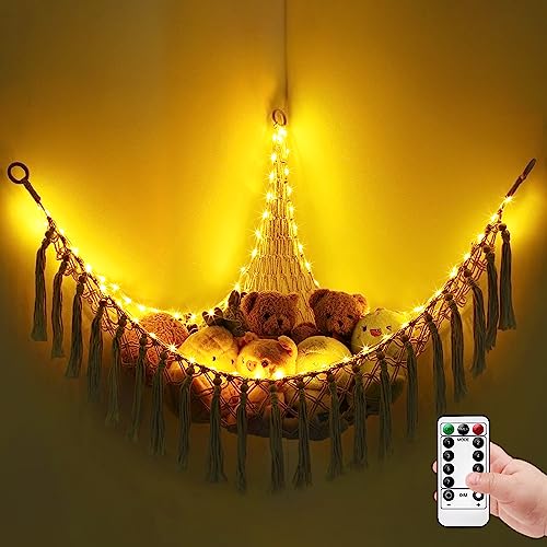 Stuffed Animal Hammock with LED Lights, 11.8Ft 75LEDs Preinstalled Toy Storage Macrame Hammock, Hanging Toy Nets for Kids Bedroom Nursery Doll Room Corner Organizer Hammock with Remote 8 Modes-White