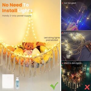 Stuffed Animal Hammock with LED Lights, 11.8Ft 75LEDs Preinstalled Toy Storage Macrame Hammock, Hanging Toy Nets for Kids Bedroom Nursery Doll Room Corner Organizer Hammock with Remote 8 Modes-White