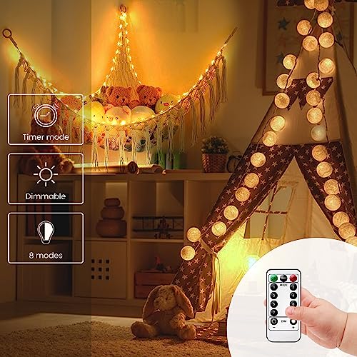 Stuffed Animal Hammock with LED Lights, 11.8Ft 75LEDs Preinstalled Toy Storage Macrame Hammock, Hanging Toy Nets for Kids Bedroom Nursery Doll Room Corner Organizer Hammock with Remote 8 Modes-White