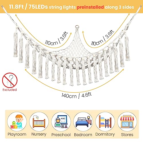 Stuffed Animal Hammock with LED Lights, 11.8Ft 75LEDs Preinstalled Toy Storage Macrame Hammock, Hanging Toy Nets for Kids Bedroom Nursery Doll Room Corner Organizer Hammock with Remote 8 Modes-White