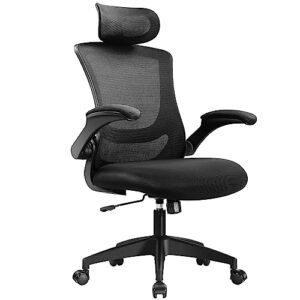 primezone home office desk chair - ergonomic computer chair with adjustable flip-up armrests, tilt function, lumbar support & headrest, task chair for work & study, 350 lbs capacity, black