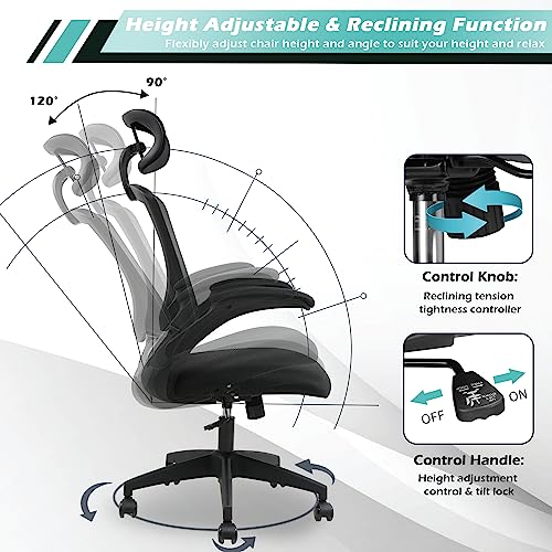 PrimeZone Home Office Desk Chair - Ergonomic Computer Chair with Adjustable Flip-Up Armrests, Tilt Function, Lumbar Support & Headrest, Task Chair for Work & Study, 350 lbs Capacity, Black