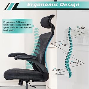 PrimeZone Home Office Desk Chair - Ergonomic Computer Chair with Adjustable Flip-Up Armrests, Tilt Function, Lumbar Support & Headrest, Task Chair for Work & Study, 350 lbs Capacity, Black