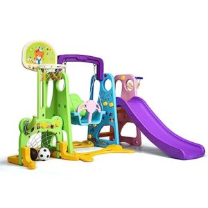 6 in 1 toddler swing and slide set, kids large climber slide playset with basketball hoop, football gate and golf hole, playground swing set for indoor outdoor backyard 3-10 gifts presents