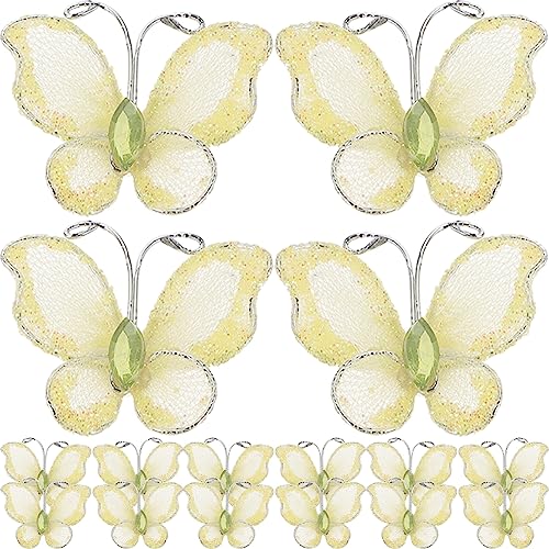 Mesh Glitter Butterfly 50Pcs Sheer Mesh Glitter Butterflies, Mesh Wire Glitter Butterfly with Gem DIY Butterfly Craft for Home Wedding Party Wall Decorations (Yellow)