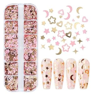 kachimoo kachimoo nail glitter sequins,12 grids gold pink nail glitter flakes 3d cherry blossoms moon star nail sequin flakes heart nail charm nail accessories for nail art decoration