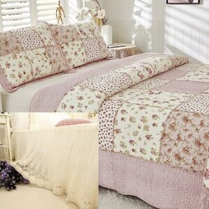 brandream 4-piece pink rose floral patchwork quilts cotton queen size quilted comforter set rustic country bedspread set