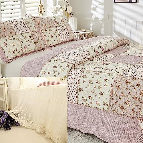 Brandream 4-Piece Pink Rose Floral Patchwork Quilts Cotton Queen Size Quilted Comforter Set Rustic Country Bedspread Set