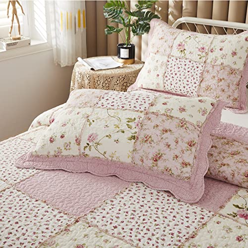Brandream 4-Piece Pink Rose Floral Patchwork Quilts Cotton Queen Size Quilted Comforter Set Rustic Country Bedspread Set