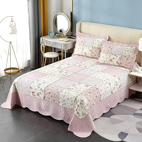 Brandream 4-Piece Pink Rose Floral Patchwork Quilts Cotton Queen Size Quilted Comforter Set Rustic Country Bedspread Set