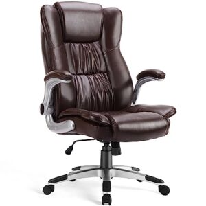 ergonomic office chair high back executive office desk chairs with lumbar support flip-up padded armrests, pu leather office chair big and tall computer desk chair adjustable height, brown