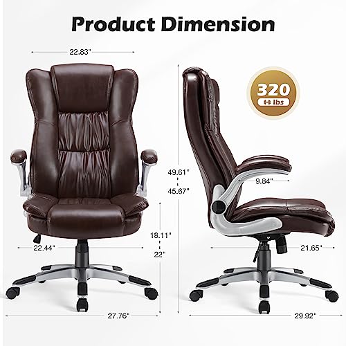 Ergonomic Office Chair High Back Executive Office Desk Chairs with Lumbar Support Flip-up Padded Armrests, PU Leather Office Chair Big and Tall Computer Desk Chair Adjustable Height, Brown