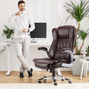 Ergonomic Office Chair High Back Executive Office Desk Chairs with Lumbar Support Flip-up Padded Armrests, PU Leather Office Chair Big and Tall Computer Desk Chair Adjustable Height, Brown