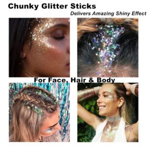 Mysense Silver Body Glitter Stick, Singer Concerts Face Glitter Gel, Holographic Mermaid Sequins Chunky Glitter, Music Festival Rave Hair Accessories Glitter Makeup for Women, 0.56oz