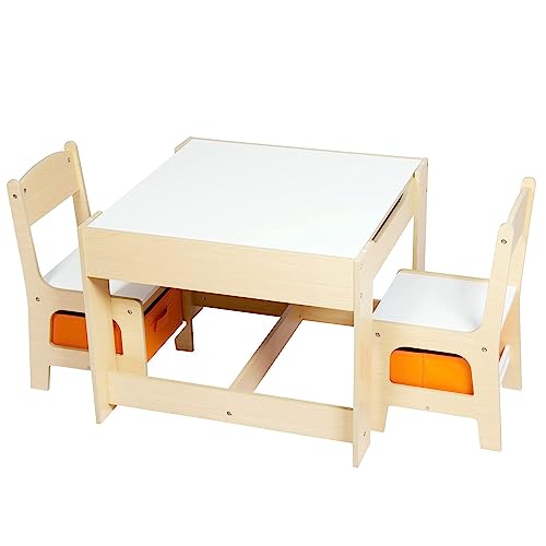 kinbor Kids Table and Chair Set with Detachable Tabletop, 3 in 1 Wooden Children Activity Table with Storage Drawers, Gift for Toddlers Arts, Crafts, Eating, Blocks, Reading, Playroom