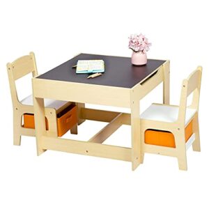 kinbor Kids Table and Chair Set with Detachable Tabletop, 3 in 1 Wooden Children Activity Table with Storage Drawers, Gift for Toddlers Arts, Crafts, Eating, Blocks, Reading, Playroom