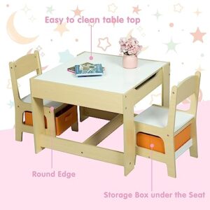 kinbor Kids Table and Chair Set with Detachable Tabletop, 3 in 1 Wooden Children Activity Table with Storage Drawers, Gift for Toddlers Arts, Crafts, Eating, Blocks, Reading, Playroom