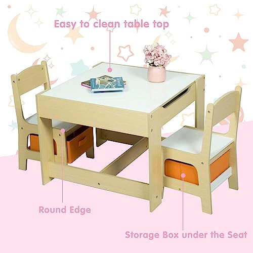 kinbor Kids Table and Chair Set with Detachable Tabletop, 3 in 1 Wooden Children Activity Table with Storage Drawers, Gift for Toddlers Arts, Crafts, Eating, Blocks, Reading, Playroom