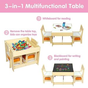 kinbor Kids Table and Chair Set with Detachable Tabletop, 3 in 1 Wooden Children Activity Table with Storage Drawers, Gift for Toddlers Arts, Crafts, Eating, Blocks, Reading, Playroom