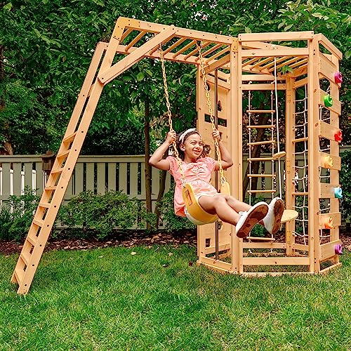 Avenlur Hawthorn 9-in-1 Outdoor Activity Center | Swing, Rock Wall, Monkey Bars | Ages 2-11 | Pine Wood Construction | Climbing Rope, Net Wall | Strength, Coordination, and Imagination-Boosting Fun