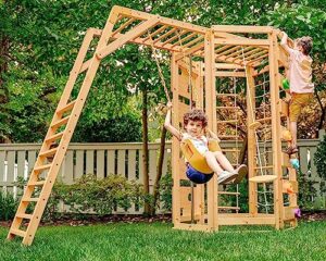avenlur hawthorn 9-in-1 outdoor activity center | swing, rock wall, monkey bars | ages 2-11 | pine wood construction | climbing rope, net wall | strength, coordination, and imagination-boosting fun
