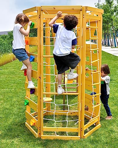 Avenlur Hawthorn 9-in-1 Outdoor Activity Center | Swing, Rock Wall, Monkey Bars | Ages 2-11 | Pine Wood Construction | Climbing Rope, Net Wall | Strength, Coordination, and Imagination-Boosting Fun