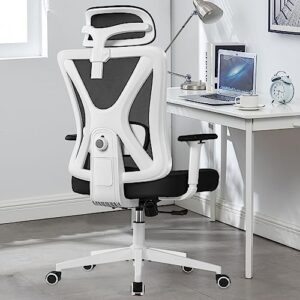 kerdom ergonomic office chair, rolling swivel executive desk chair, breathable mesh gaming chair with adjustable headrest, 3d armrest and lumbar support for home office white