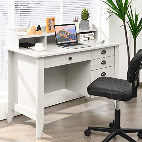 GLOBALWAY 2 Tier Shelves, Study and Writing Three Side, Laptop Table with a Smooth Slide-Out Long Drawer, for Home &Office Computer Desk, White