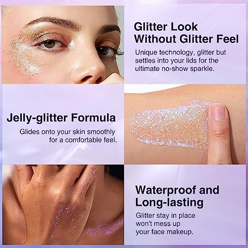 Body Glitter Gel, Quick-Drying & Self-Adhesive Face Glitter, Rave, Concert Glitter Makeup, Holographic Eye,Lip,Hair Glitter, Sparkle Accessories, Cosmetic Grade Sequins(#02 Stardust Pink）