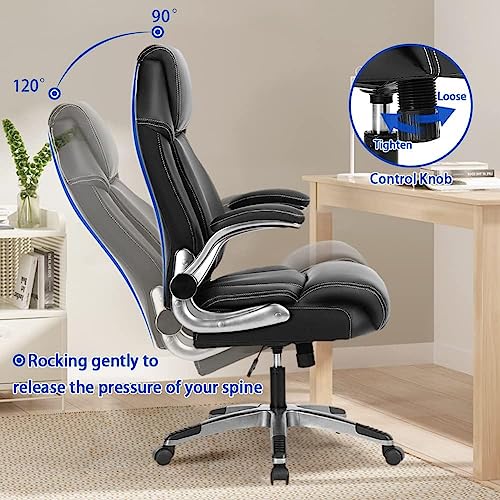 KCREAM Comfortable Executive Office Chairs with Back Support & Flip up Arms, 90-120° Rocking Faux Leather Ergonomic Home Desk Chairs Managerial Chair (Black)