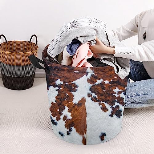 FISNAE Cowhide Animal Skin Print Storage Baskets, Brown White Spots Laundry Hamper-Collapsible Storage Bin with Handles,Toy Organizer Bin for Kid's Room,Office,Nursery Hamper, Home Decor