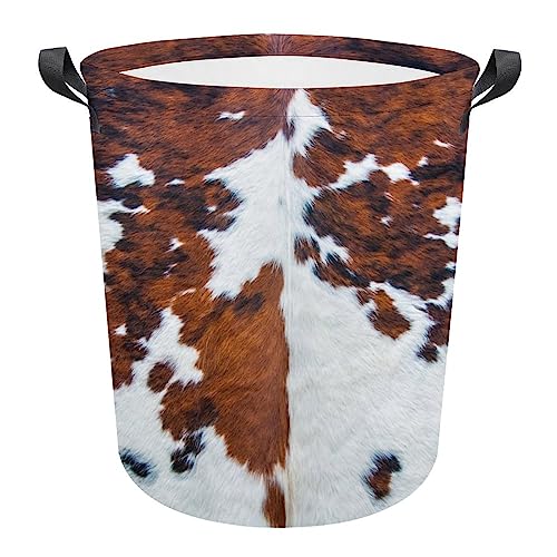 FISNAE Cowhide Animal Skin Print Storage Baskets, Brown White Spots Laundry Hamper-Collapsible Storage Bin with Handles,Toy Organizer Bin for Kid's Room,Office,Nursery Hamper, Home Decor