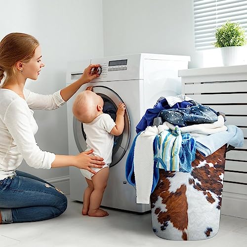 FISNAE Cowhide Animal Skin Print Storage Baskets, Brown White Spots Laundry Hamper-Collapsible Storage Bin with Handles,Toy Organizer Bin for Kid's Room,Office,Nursery Hamper, Home Decor