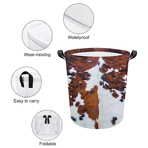 FISNAE Cowhide Animal Skin Print Storage Baskets, Brown White Spots Laundry Hamper-Collapsible Storage Bin with Handles,Toy Organizer Bin for Kid's Room,Office,Nursery Hamper, Home Decor