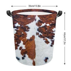 FISNAE Cowhide Animal Skin Print Storage Baskets, Brown White Spots Laundry Hamper-Collapsible Storage Bin with Handles,Toy Organizer Bin for Kid's Room,Office,Nursery Hamper, Home Decor