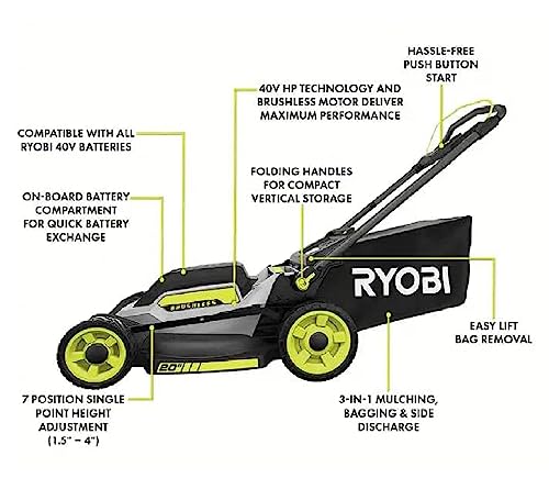 RYOBI ONE 40V HP Brushless 20 in. Cordless Walk Behind Push Mower (Battery & Charger Not Included) Gray, RY401017 (Renewed)