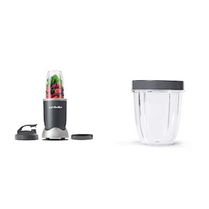 nutribullet personal blender for shakes, smoothies, food prep, and frozen blending, 24 ounces, 600 watt, gray, (nbr-0601) & 18 ounce short cup with standard lip ring, clear/gray (nbm-u0269)