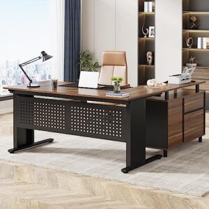 tribesigns 63 inch executive desk with file cabinet, large office desk l shaped computer desk with drawers and storage shelves, business furniture desk workstation for home office, brown
