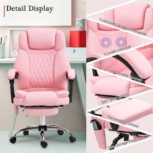 Belandi Massage Office Chair, Diamond-Stitched PU Leather Executive Office Chair High Back Massage Computer Desk Chair with Heated, Footrest, Padded Armrest, Adjustable Height (Pink)