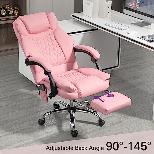 Belandi Massage Office Chair, Diamond-Stitched PU Leather Executive Office Chair High Back Massage Computer Desk Chair with Heated, Footrest, Padded Armrest, Adjustable Height (Pink)