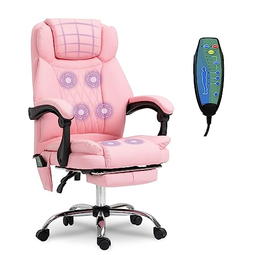 Belandi Massage Office Chair, Diamond-Stitched PU Leather Executive Office Chair High Back Massage Computer Desk Chair with Heated, Footrest, Padded Armrest, Adjustable Height (Pink)