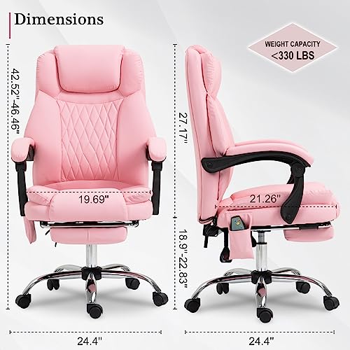 Belandi Massage Office Chair, Diamond-Stitched PU Leather Executive Office Chair High Back Massage Computer Desk Chair with Heated, Footrest, Padded Armrest, Adjustable Height (Pink)