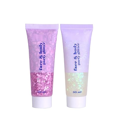 2 Color Face and Body Glitter Gel, Neon Outfit Glow Party for Body Hair Face Nail Glitter Stick Makeup. (03-Pink&06-White Moonbeam)