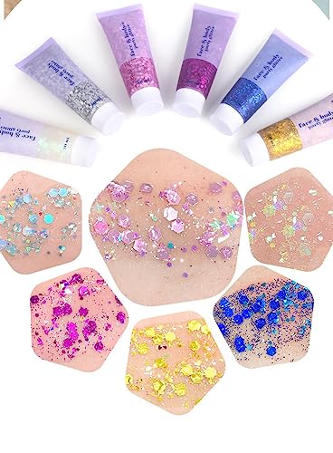 2 Color Face and Body Glitter Gel, Neon Outfit Glow Party for Body Hair Face Nail Glitter Stick Makeup. (03-Pink&06-White Moonbeam)